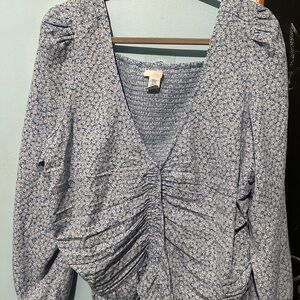 Blue Floral V-Neck Blouse